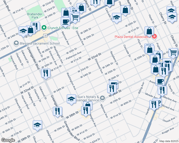 map of restaurants, bars, coffee shops, grocery stores, and more near 1341 West 33rd Street in Erie