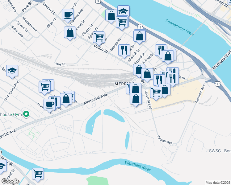 map of restaurants, bars, coffee shops, grocery stores, and more near 759 Memorial Avenue in West Springfield