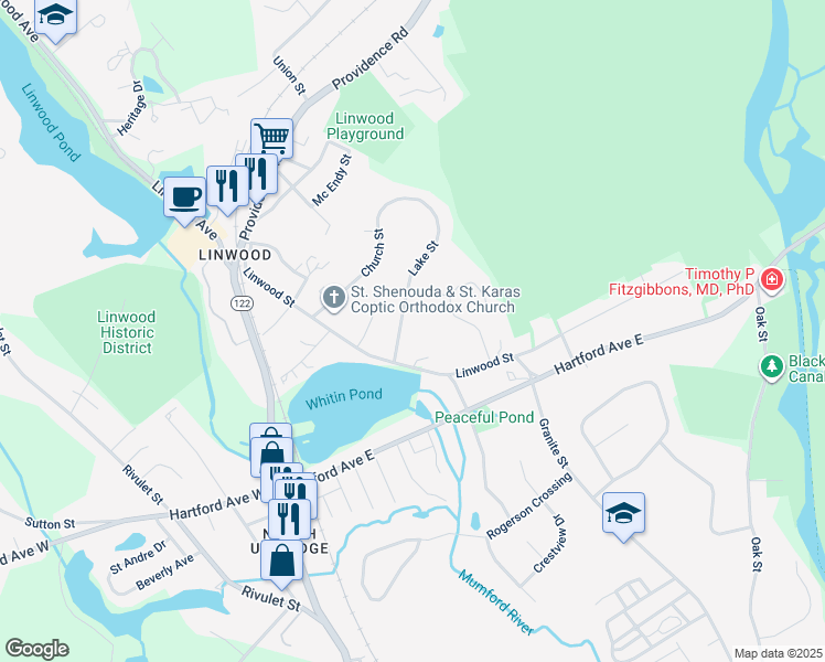 map of restaurants, bars, coffee shops, grocery stores, and more near 27 Lake Street in Uxbridge