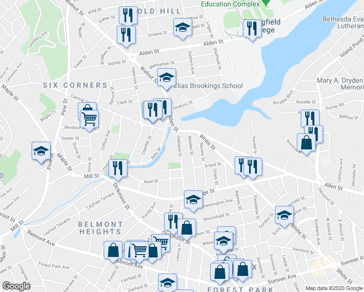 map of restaurants, bars, coffee shops, grocery stores, and more near 20-22 Malden Street in Springfield