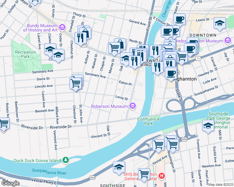 map of restaurants, bars, coffee shops, grocery stores, and more near 67 Oak Street in Binghamton