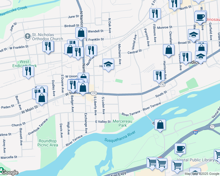map of restaurants, bars, coffee shops, grocery stores, and more near 215 South Loder Avenue in Endicott
