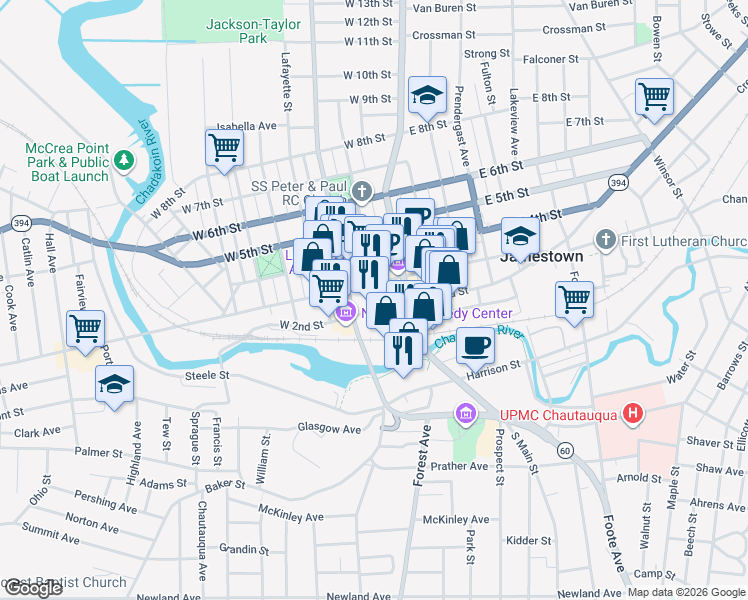 map of restaurants, bars, coffee shops, grocery stores, and more near 103 West 3rd Street in Jamestown