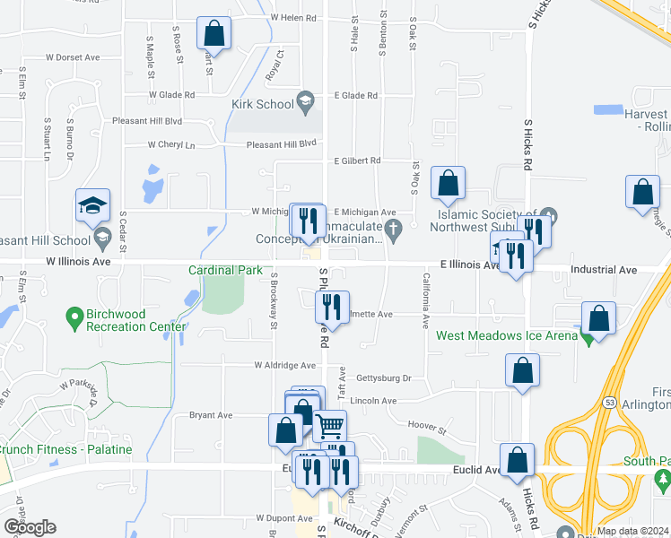 map of restaurants, bars, coffee shops, grocery stores, and more near 15 East Illinois Avenue in Palatine