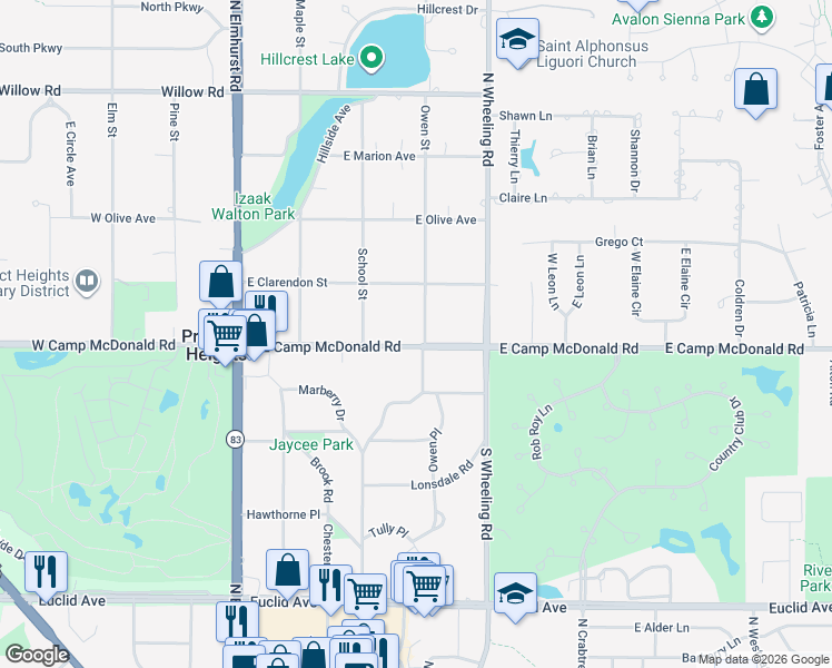 map of restaurants, bars, coffee shops, grocery stores, and more near 210 East Camp McDonald Road in Wheeling