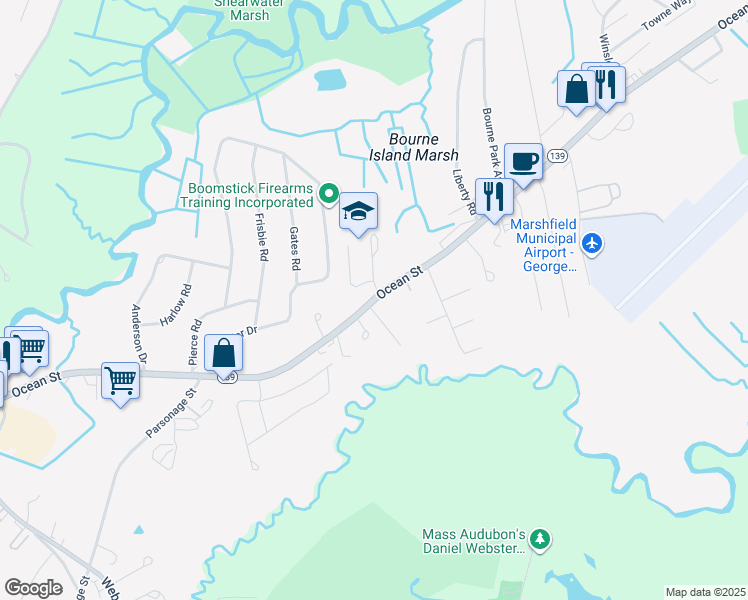 map of restaurants, bars, coffee shops, grocery stores, and more near 1449 Ocean Street in Marshfield