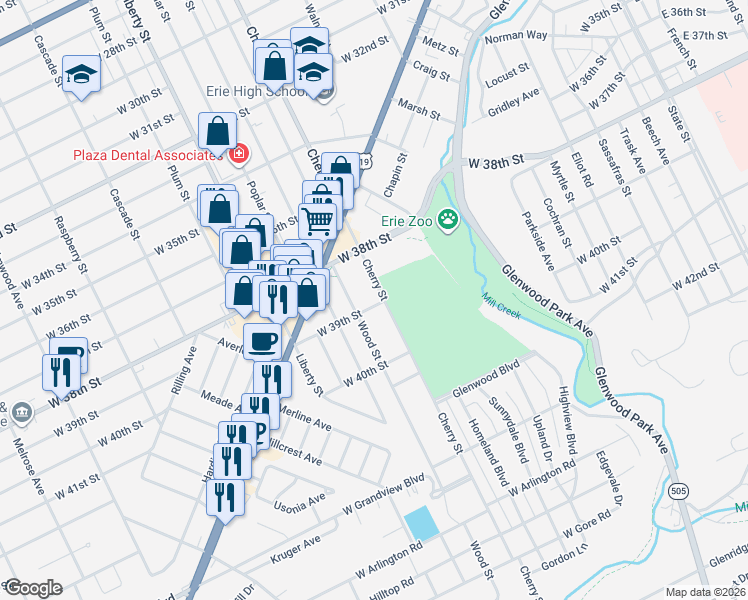 map of restaurants, bars, coffee shops, grocery stores, and more near 3831-3899 Cherry St in Erie