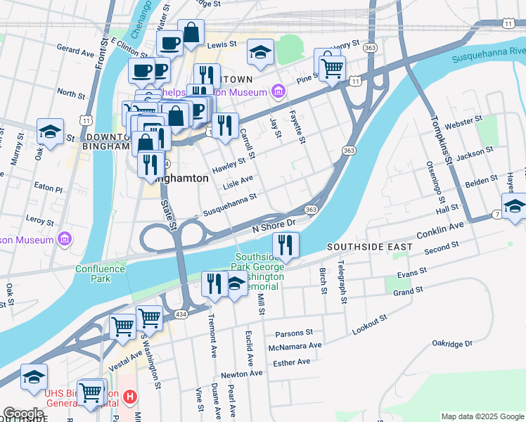 map of restaurants, bars, coffee shops, grocery stores, and more near 100 Susquehanna Street in Binghamton