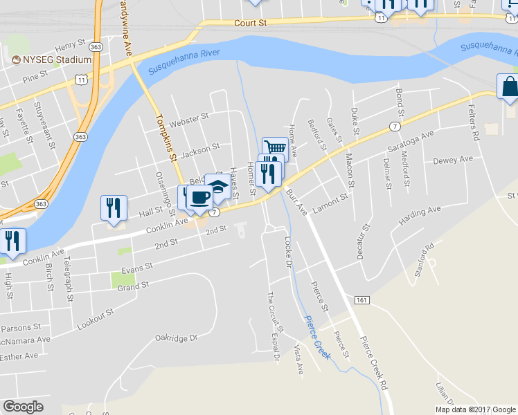 map of restaurants, bars, coffee shops, grocery stores, and more near 2 The Arena Street in Binghamton