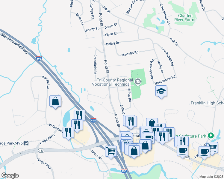map of restaurants, bars, coffee shops, grocery stores, and more near 145 Pond Street in Franklin