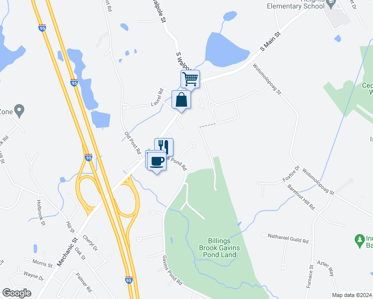 map of restaurants, bars, coffee shops, grocery stores, and more near 7 Colonel Gridley Road in Sharon