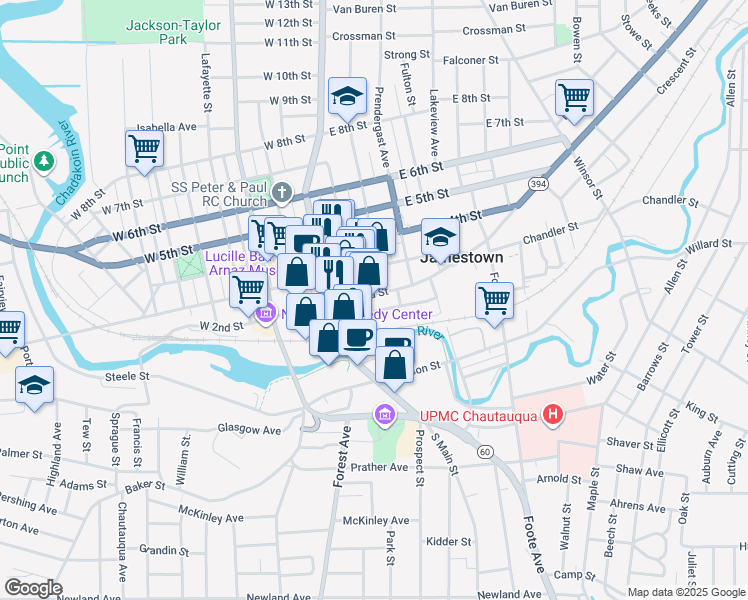 map of restaurants, bars, coffee shops, grocery stores, and more near 121 East 2nd Street in Jamestown