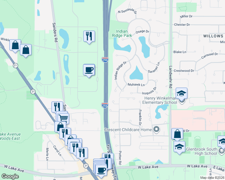 map of restaurants, bars, coffee shops, grocery stores, and more near 2318 Indian Ridge Drive in Glenview