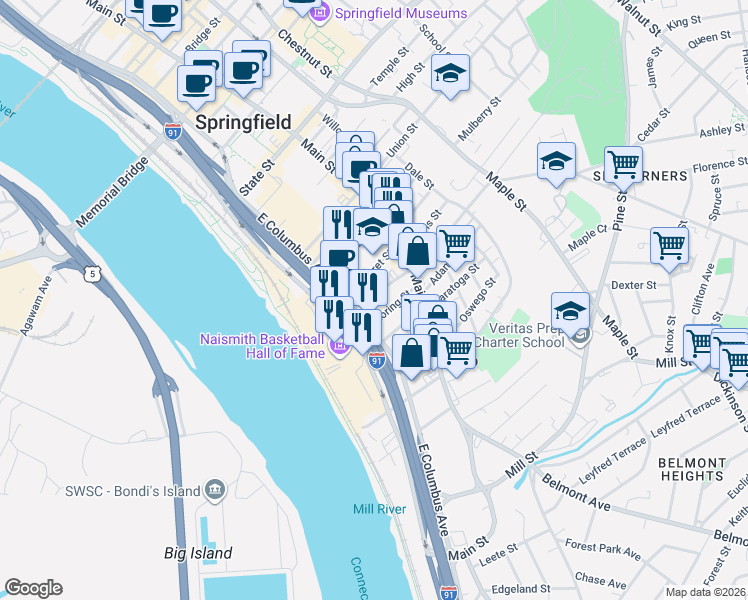 map of restaurants, bars, coffee shops, grocery stores, and more near 40 Fremont Street in Springfield