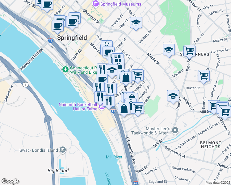 map of restaurants, bars, coffee shops, grocery stores, and more near 40 Fremont Street in Springfield