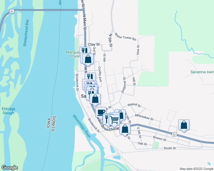 map of restaurants, bars, coffee shops, grocery stores, and more near 501 4th Street in Savanna