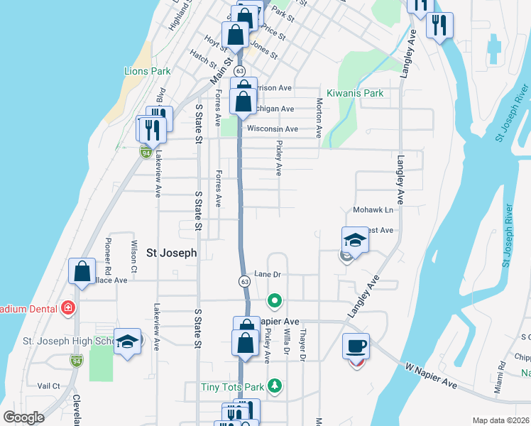 map of restaurants, bars, coffee shops, grocery stores, and more near 844 Mohawk Lane in St. Joseph