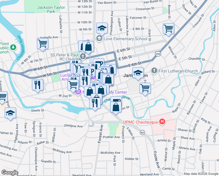 map of restaurants, bars, coffee shops, grocery stores, and more near 112 East 2nd Street in Jamestown