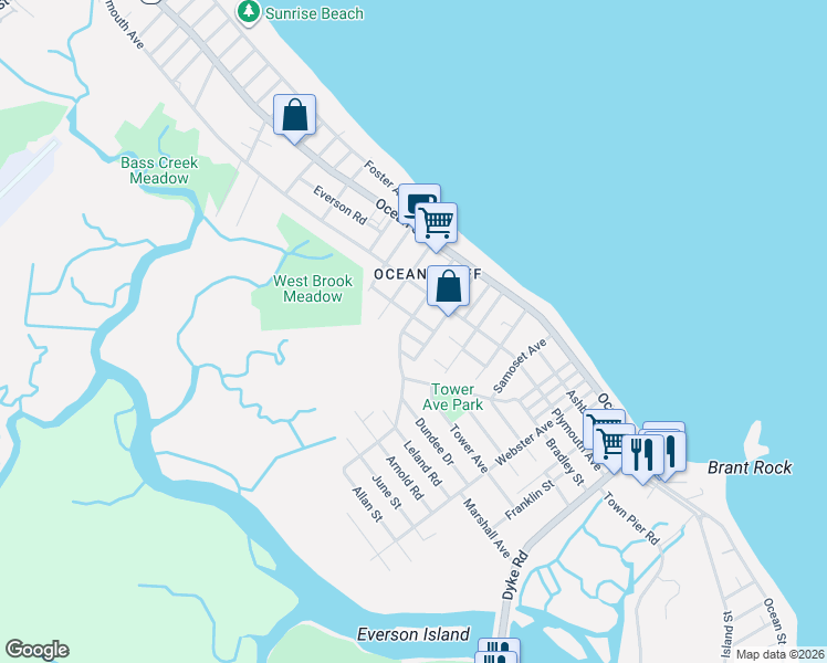 map of restaurants, bars, coffee shops, grocery stores, and more near 66 Saginaw Avenue in Marshfield
