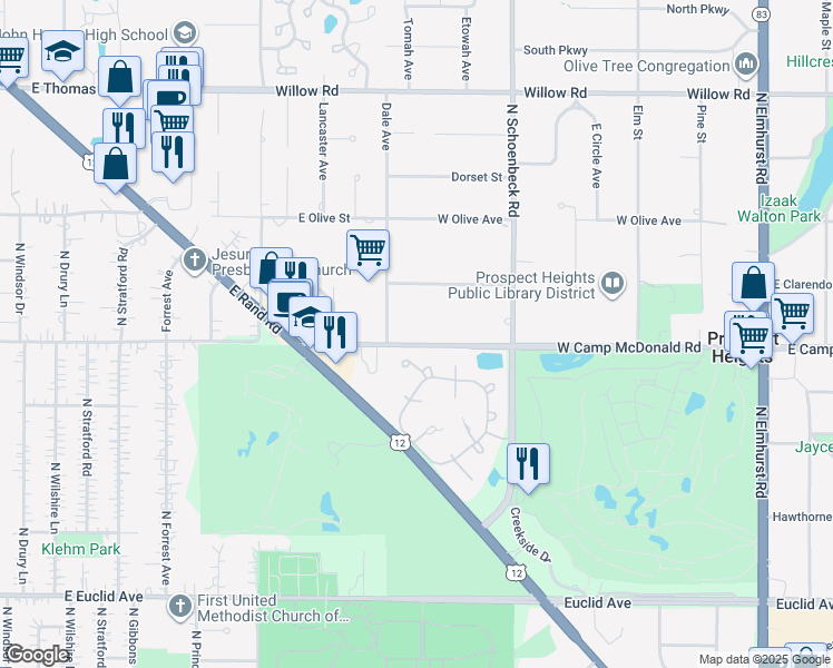 map of restaurants, bars, coffee shops, grocery stores, and more near 414 West Camp McDonald Road in Prospect Heights