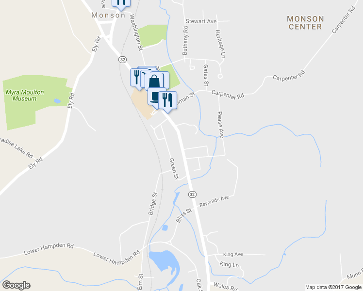 map of restaurants, bars, coffee shops, grocery stores, and more near Main Street in Monson