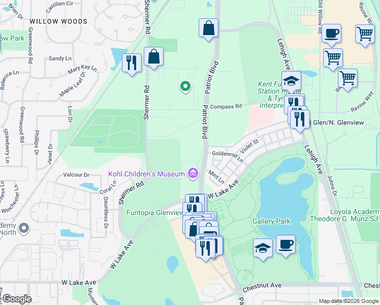 map of restaurants, bars, coffee shops, grocery stores, and more near 2200 Patriot Boulevard in Glenview