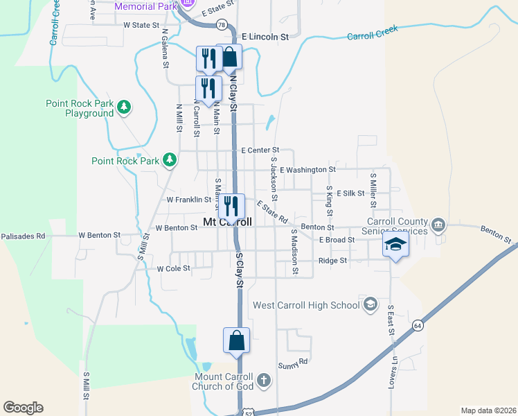 map of restaurants, bars, coffee shops, grocery stores, and more near 108 E State Rd in Mt Carroll