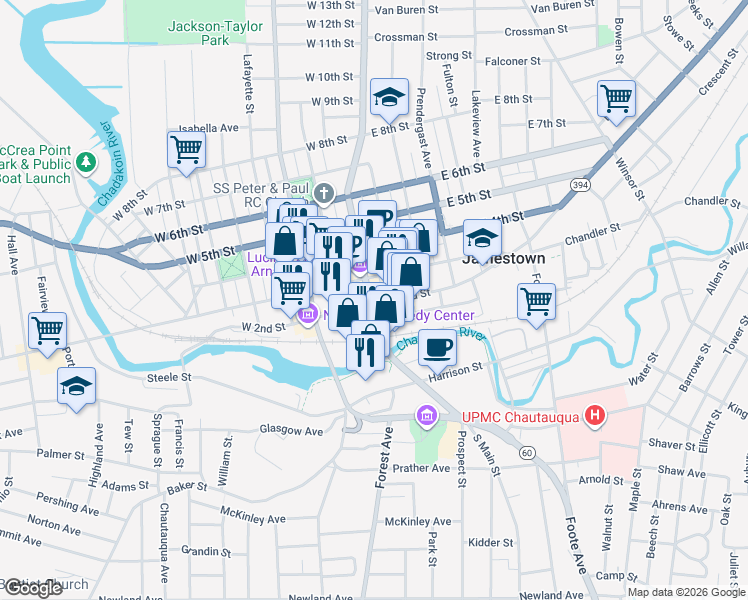 map of restaurants, bars, coffee shops, grocery stores, and more near 207 Pine Street in Jamestown