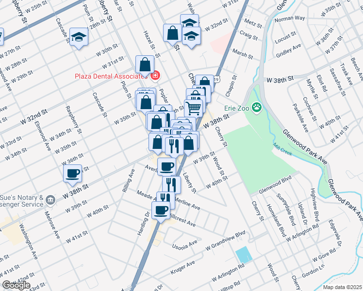 map of restaurants, bars, coffee shops, grocery stores, and more near 700-712 W 38th St in Erie