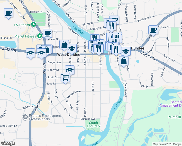 map of restaurants, bars, coffee shops, grocery stores, and more near 213 Liberty Street in West Dundee
