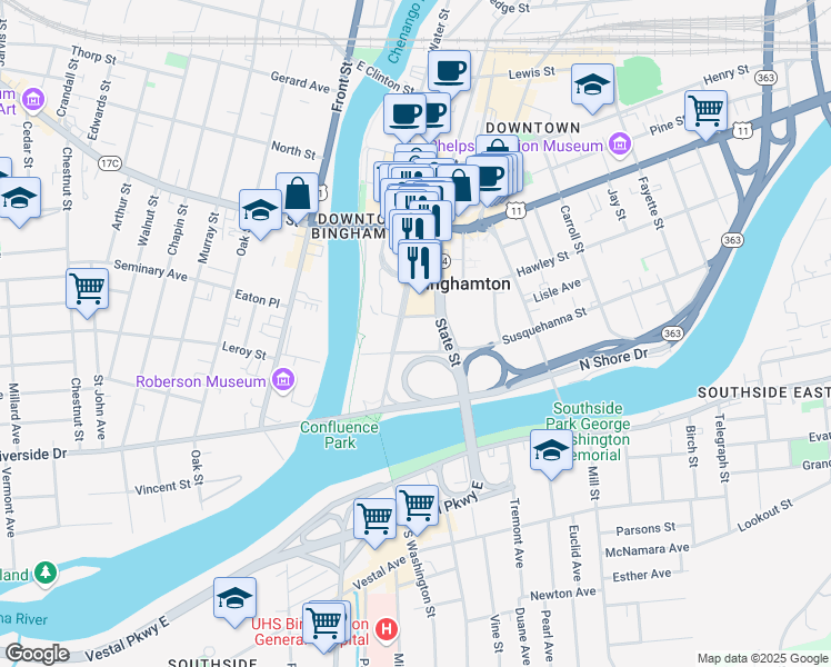 map of restaurants, bars, coffee shops, grocery stores, and more near 1 Stuart Street in Binghamton