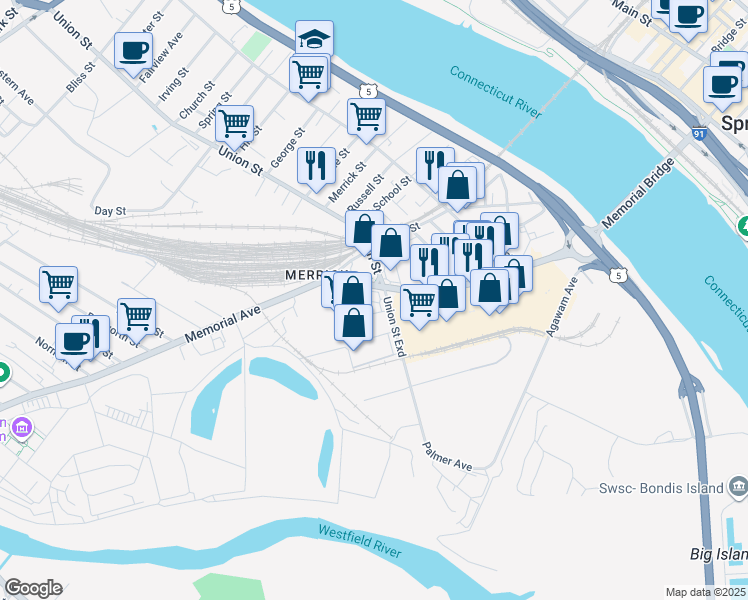 map of restaurants, bars, coffee shops, grocery stores, and more near 547 Memorial Avenue in West Springfield