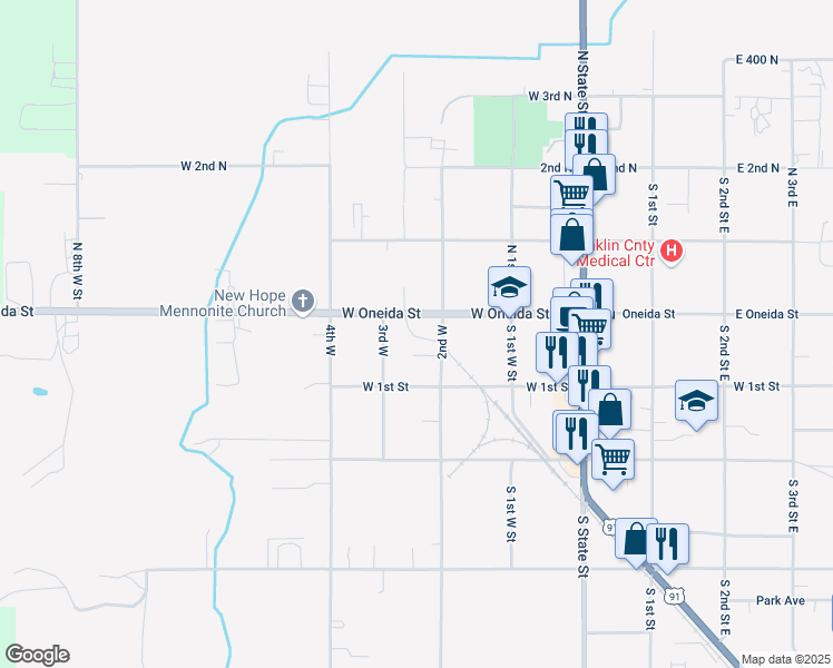 map of restaurants, bars, coffee shops, grocery stores, and more near 249 West Oneida Street in Preston