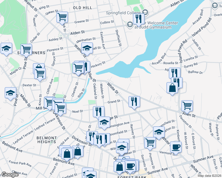 map of restaurants, bars, coffee shops, grocery stores, and more near 26 White Street in Springfield