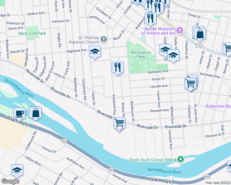 map of restaurants, bars, coffee shops, grocery stores, and more near 45 Kneeland Avenue in Binghamton