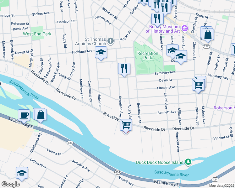 map of restaurants, bars, coffee shops, grocery stores, and more near 45 Kneeland Avenue in Binghamton