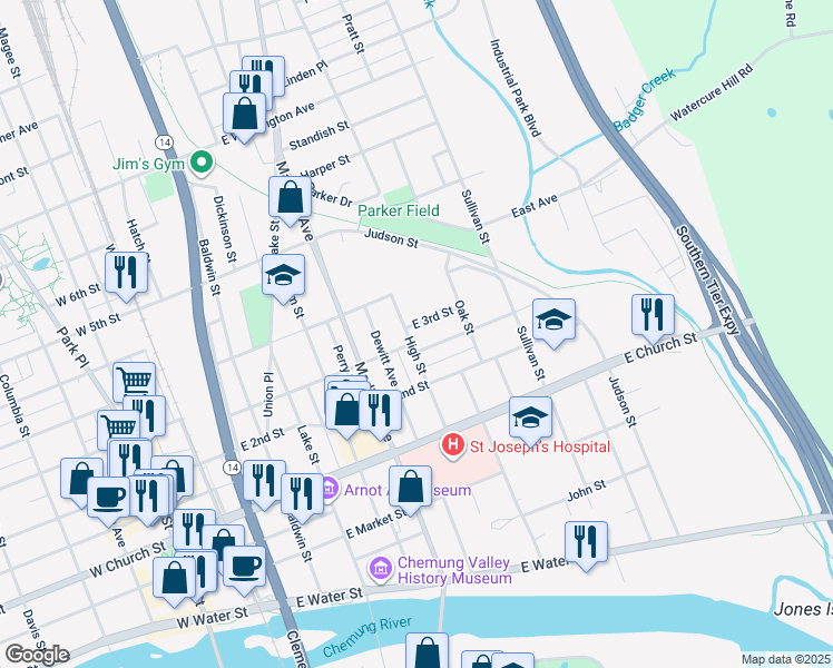 map of restaurants, bars, coffee shops, grocery stores, and more near 612 East 3rd Street in Elmira