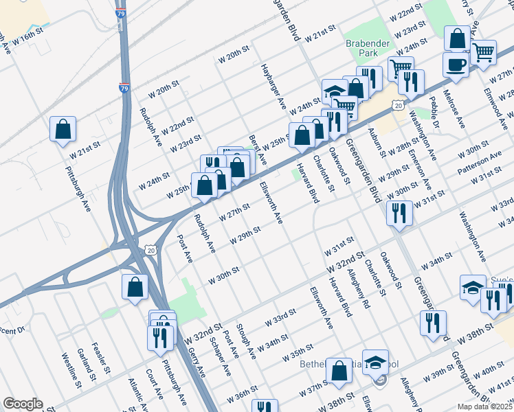 map of restaurants, bars, coffee shops, grocery stores, and more near 1821 W 27th St in Erie
