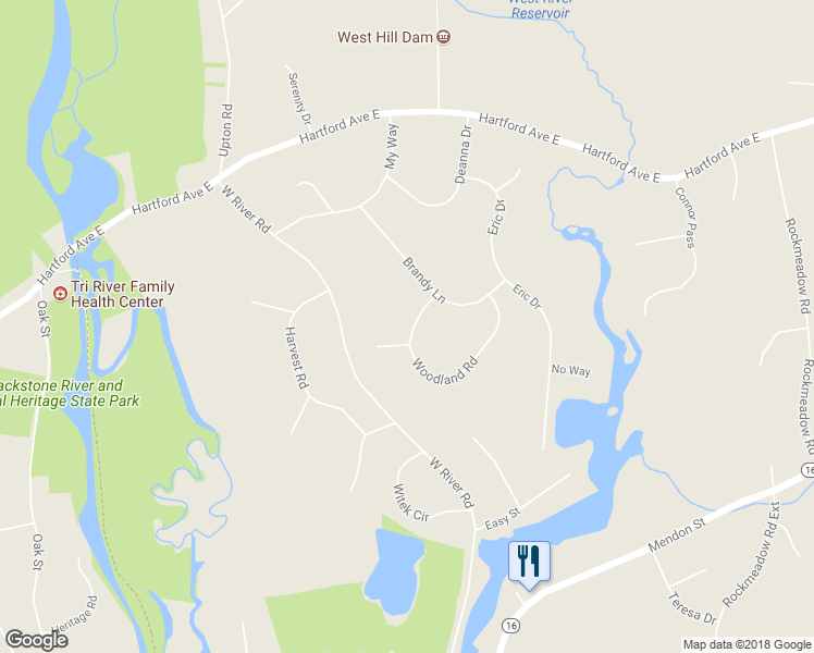 map of restaurants, bars, coffee shops, grocery stores, and more near 92 Woodland Road in Uxbridge