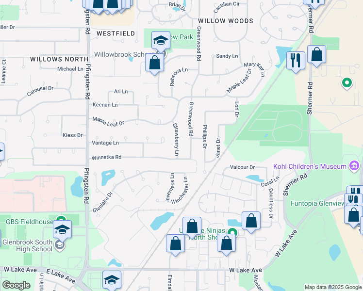 map of restaurants, bars, coffee shops, grocery stores, and more near 2234 Strawberry Lane in Glenview