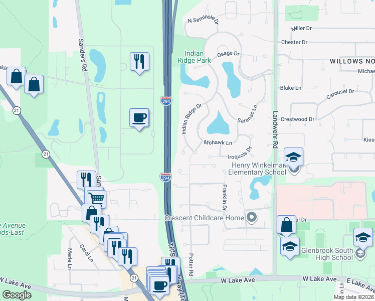 map of restaurants, bars, coffee shops, grocery stores, and more near 2308 Indian Ridge Drive in Glenview