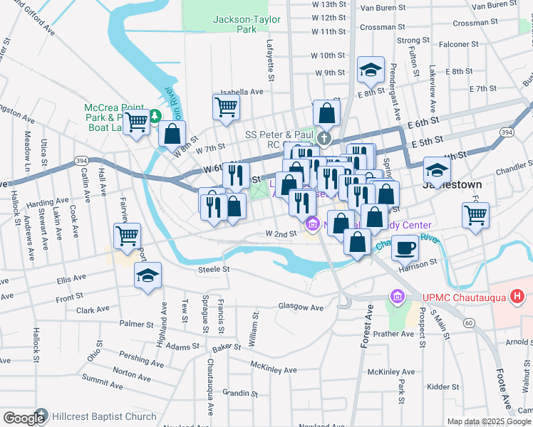 map of restaurants, bars, coffee shops, grocery stores, and more near 310 Jefferson Street in Jamestown