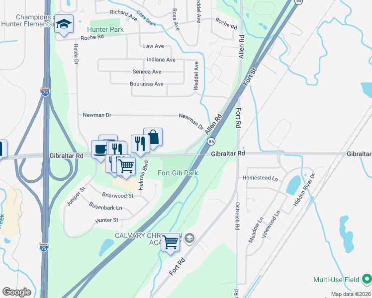 map of restaurants, bars, coffee shops, grocery stores, and more near 28861 Allen Road in Brownstown Charter Township