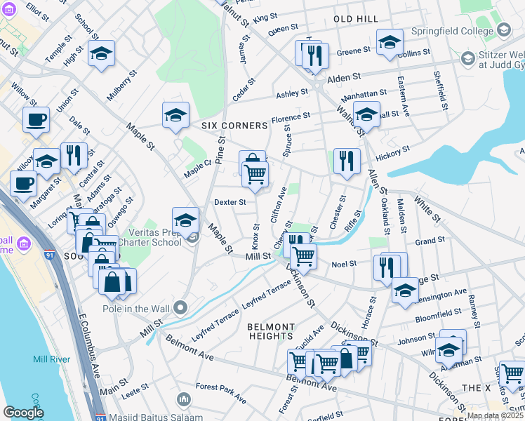 map of restaurants, bars, coffee shops, grocery stores, and more near 39-41 Knox Street in Springfield