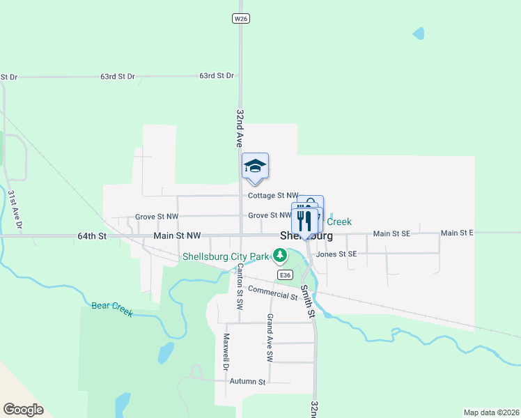 map of restaurants, bars, coffee shops, grocery stores, and more near 203 Cottage Street Northwest in Shellsburg