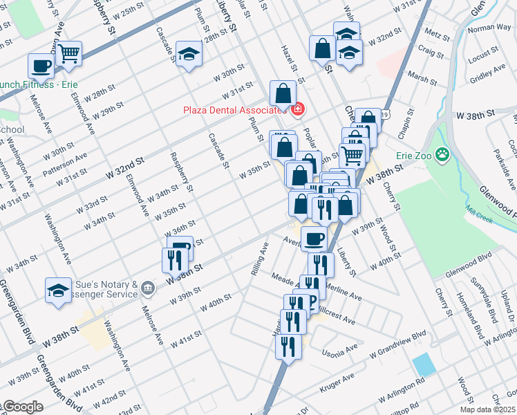 map of restaurants, bars, coffee shops, grocery stores, and more near 952 West 37th Street in Erie