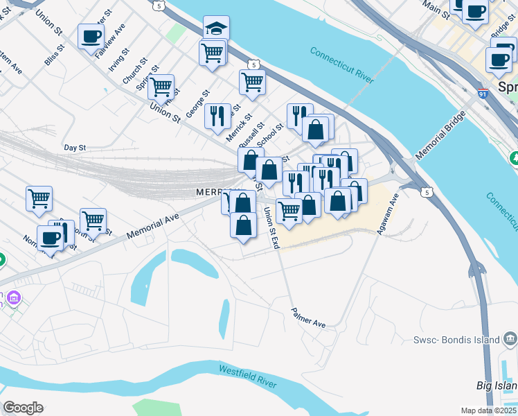 map of restaurants, bars, coffee shops, grocery stores, and more near 547 Memorial Avenue in West Springfield
