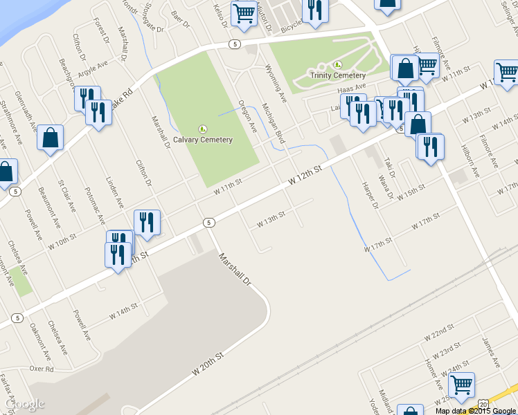 map of restaurants, bars, coffee shops, grocery stores, and more near 3241 W 12th St in Erie