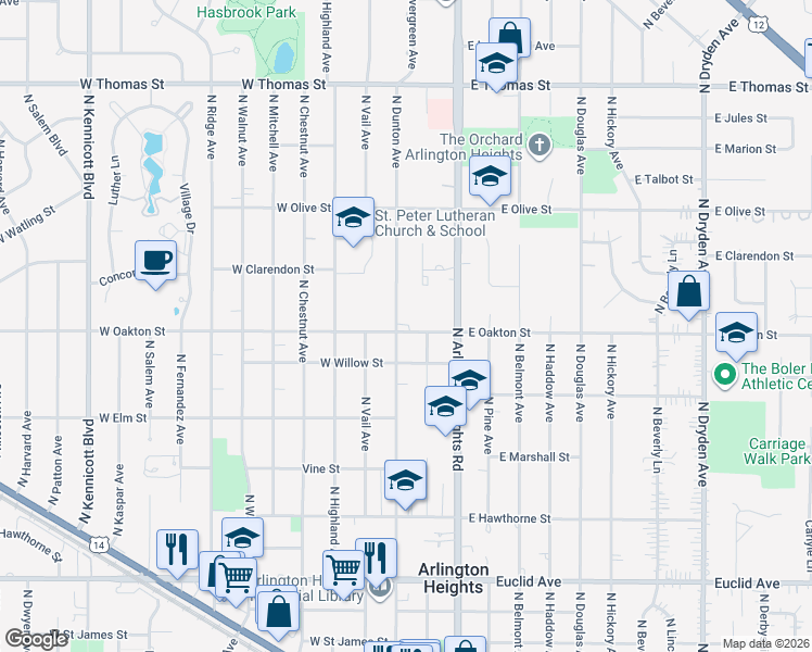 map of restaurants, bars, coffee shops, grocery stores, and more near 1111 North Dunton Avenue in Arlington Heights