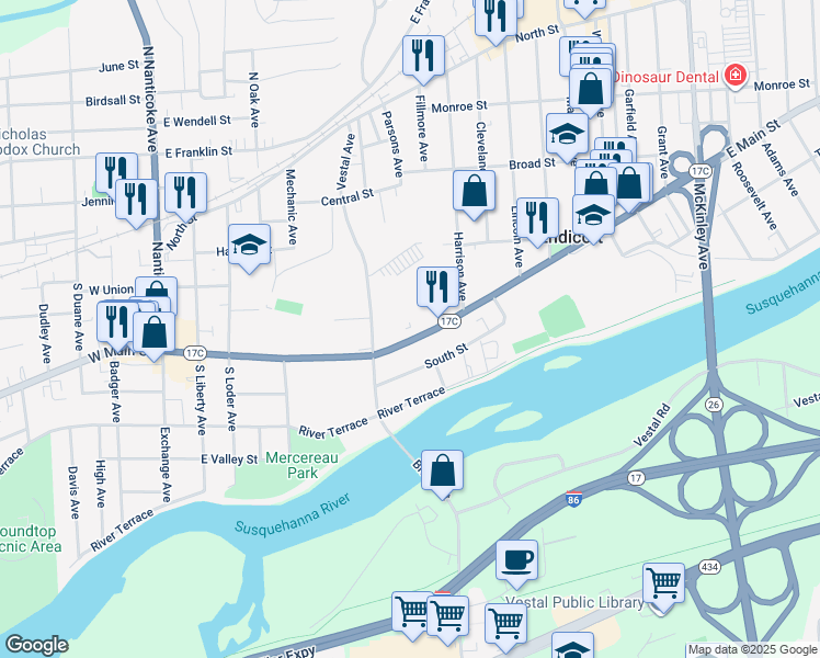 map of restaurants, bars, coffee shops, grocery stores, and more near 515 East Main Street in Endicott